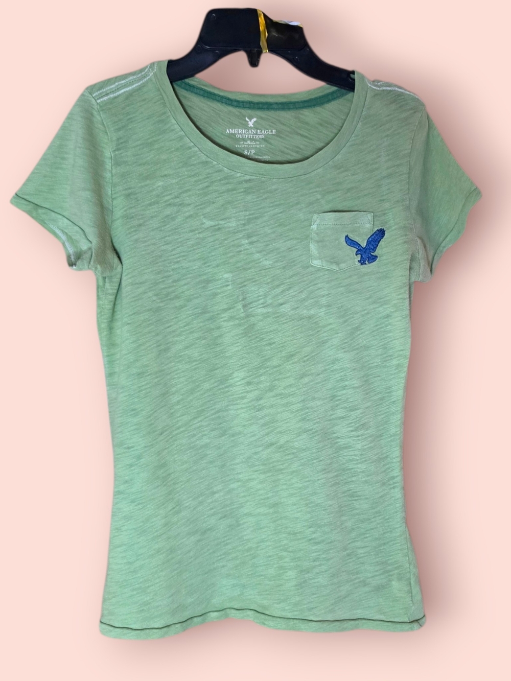 American Eagle Outfitters Light Green Pocket Tee with Blue Logo